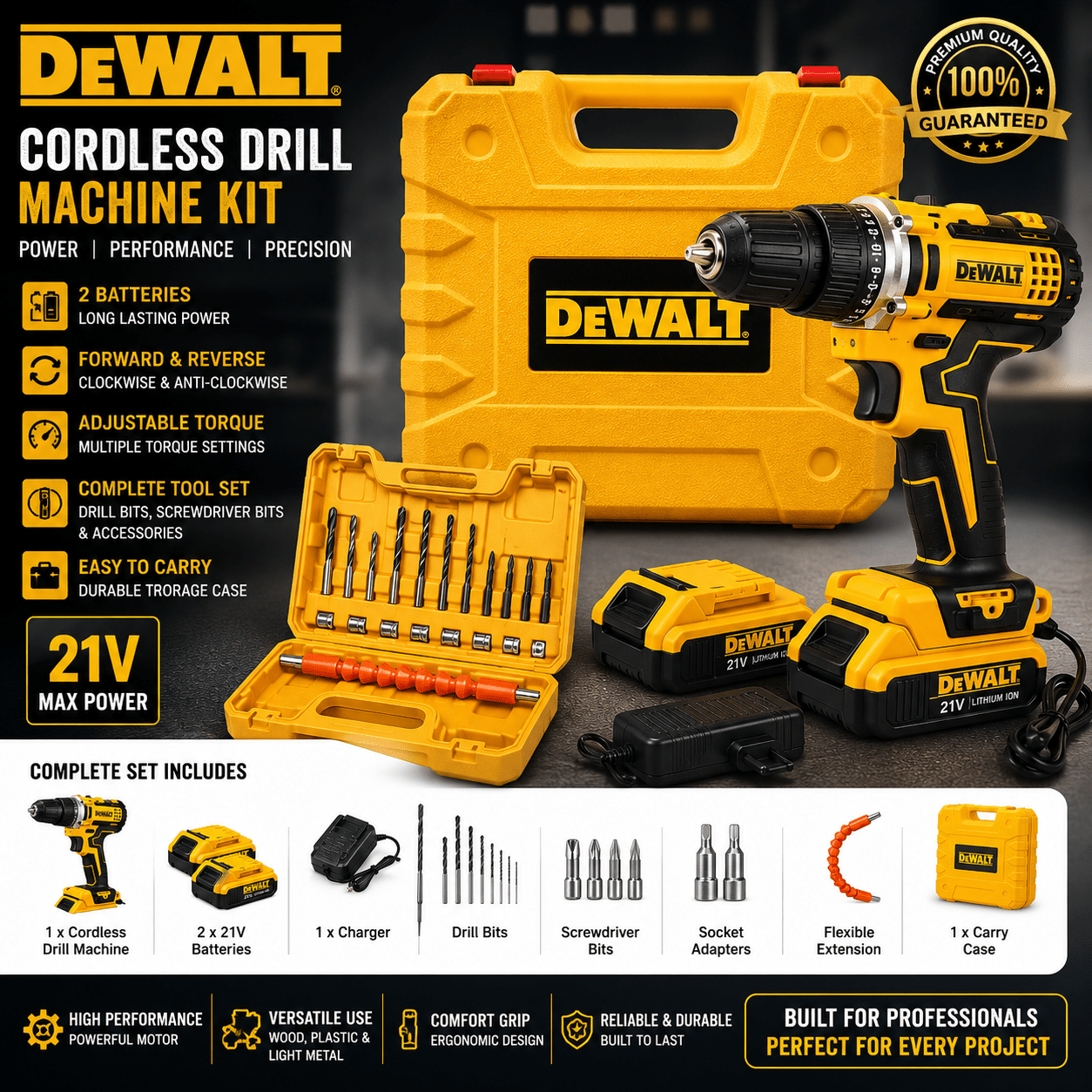 DEWALT Heavy Duty Rechargeable 3 in 1 drill kit - KP IMPORTS